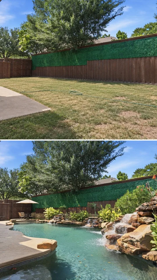 The same backyard as a plain lawn, then with the finished pool